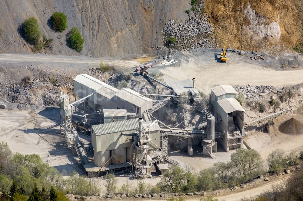 Bad Wünnenberg from above - Quarry of Sauerlaender Hartkalkstein-Industrie GmbH on Am Steinbruch in Bad Wuennenberg in the state North Rhine-Westphalia, Germany