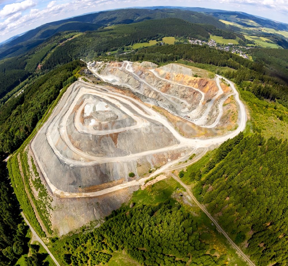 Aerial image Winterberg - Quarry for the mining and handling of basalt in the district Silbach in Winterberg in the state North Rhine-Westphalia, Germany