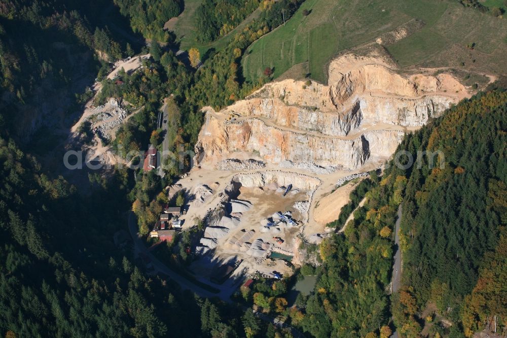 Malsburg-Marzell from the bird's eye view: Quarry for the mining and handling of granite in Malsburg-Marzell in the state Baden-Wuerttemberg, Germany