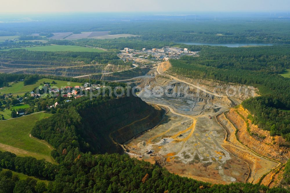 Oßling from above - Quarry for the extraction and mining of greywacke in the Grauwackebruch Lieske in Ossling in the federal state of Saxony, Germany