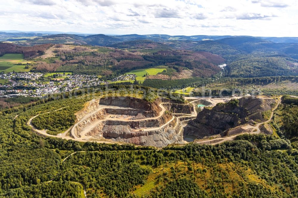 Brilon from above - Quarry for the mining and handling of Grauwacke of Westdeutschen Grauwacke Union GmbH in Brilon in the state North Rhine-Westphalia, Germany