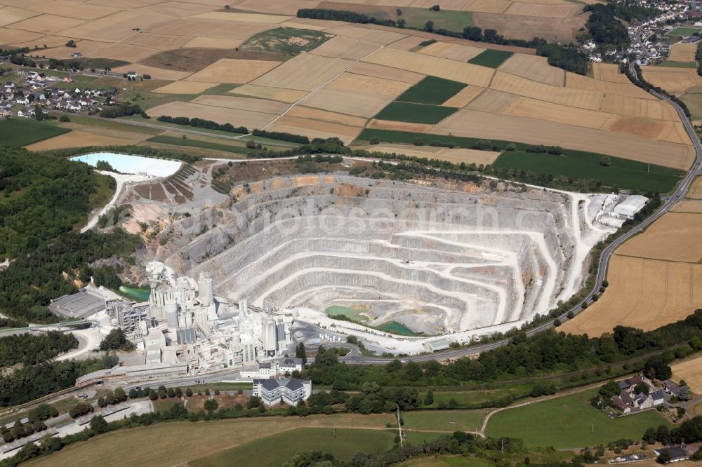 Hahnstätten from above - Quarry for the mining and handling of limestone in Hahnstaetten in the state Rhineland-Palatinate, Germany