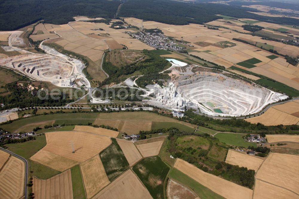 Hahnstätten from the bird's eye view: Quarry for the mining and handling of limestone in Hahnstaetten in the state Rhineland-Palatinate, Germany