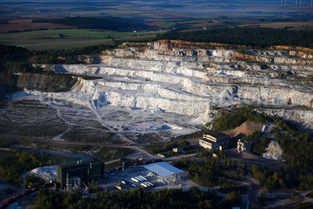 Niedersachswerfen from above - Quarry for the mining and handling of calcareous sandstone in Niedersachswerfen in the state Thuringia, Germany