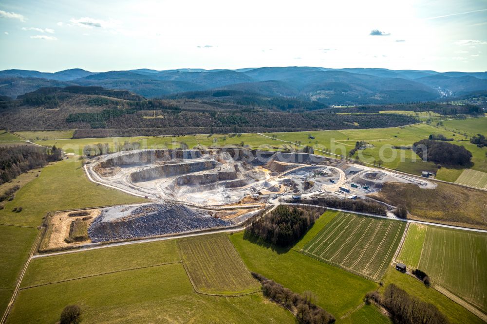 Brilon from above - Quarry for the mining and handling of limestone in Brilon at Sauerland in the state North Rhine-Westphalia, Germany