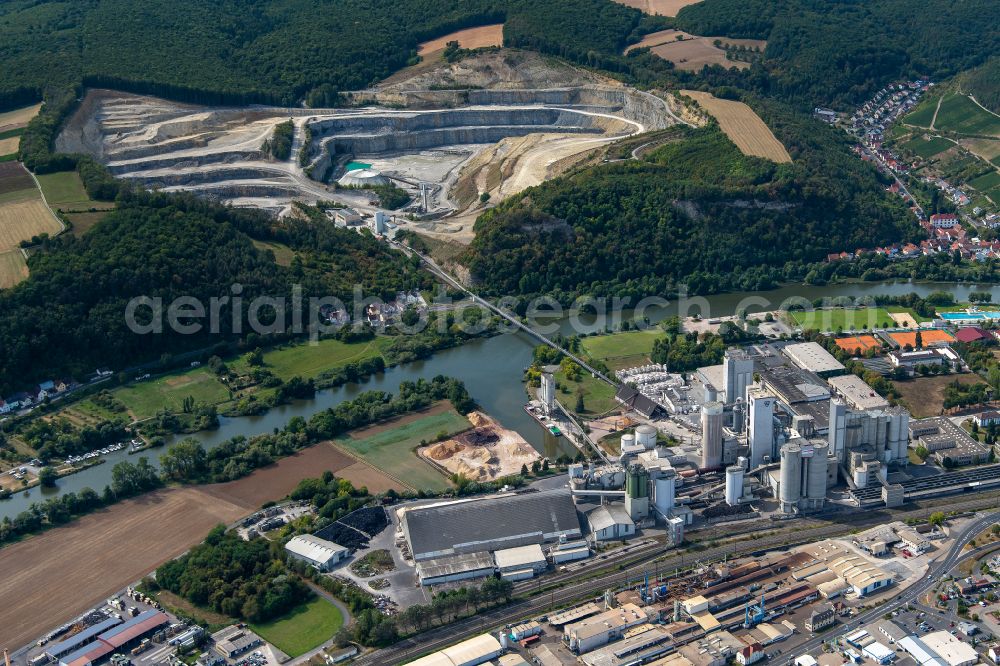 Karlstadt from above - Quarry for the mining and handling of limestone in the district Rohrbach in Karlstadt in the state Bavaria, Germany