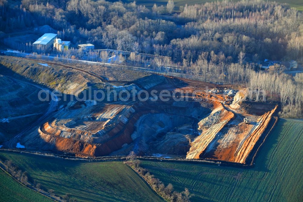 Aerial image Ostrau - Quarry for the mining and handling of limestone in Ostrau in the state Saxony, Germany