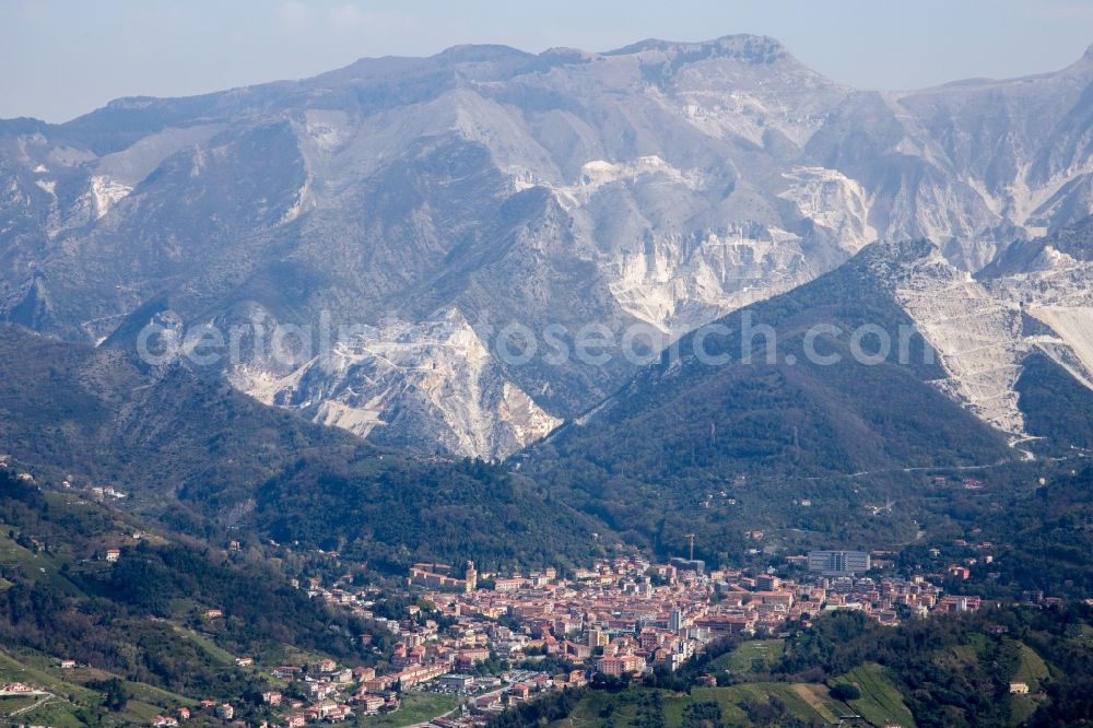 Carrara from the bird's eye view: Quarry for the mining and handling of Marmor in Carrara in Toscana, Italy