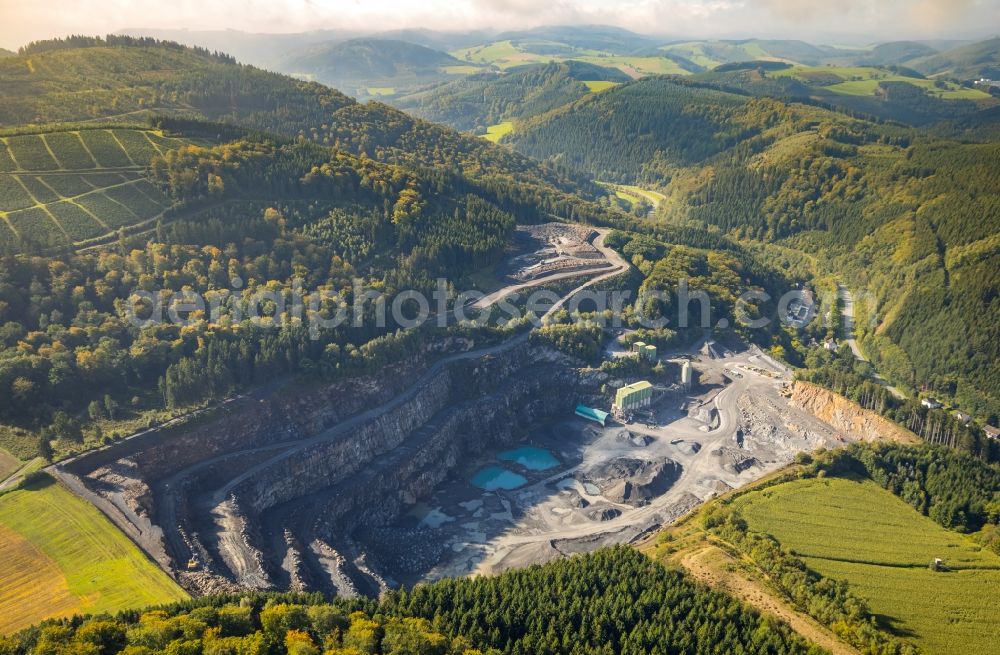 Aerial image Meschede - Quarry for the mining and handling of Quartzite greywacke and greywacke carbonate in Meschede in the state North Rhine-Westphalia, Germany