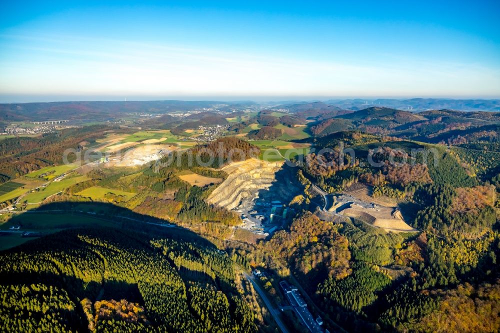 Meschede from above - Quarry for the mining and handling of Quartzite greywacke and greywacke carbonate in Meschede in the state North Rhine-Westphalia, Germany