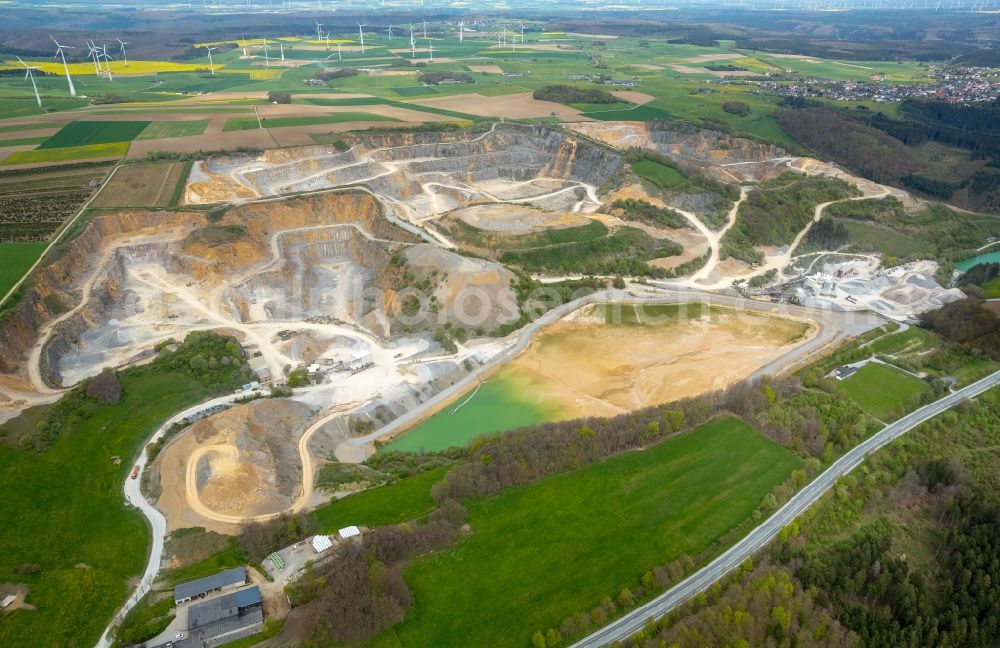 Brilon from the bird's eye view: Quarry for the mining and handling of of Rheinkalk Messinghausen GmbH & Co. KG in Brilon in the state North Rhine-Westphalia, Germany