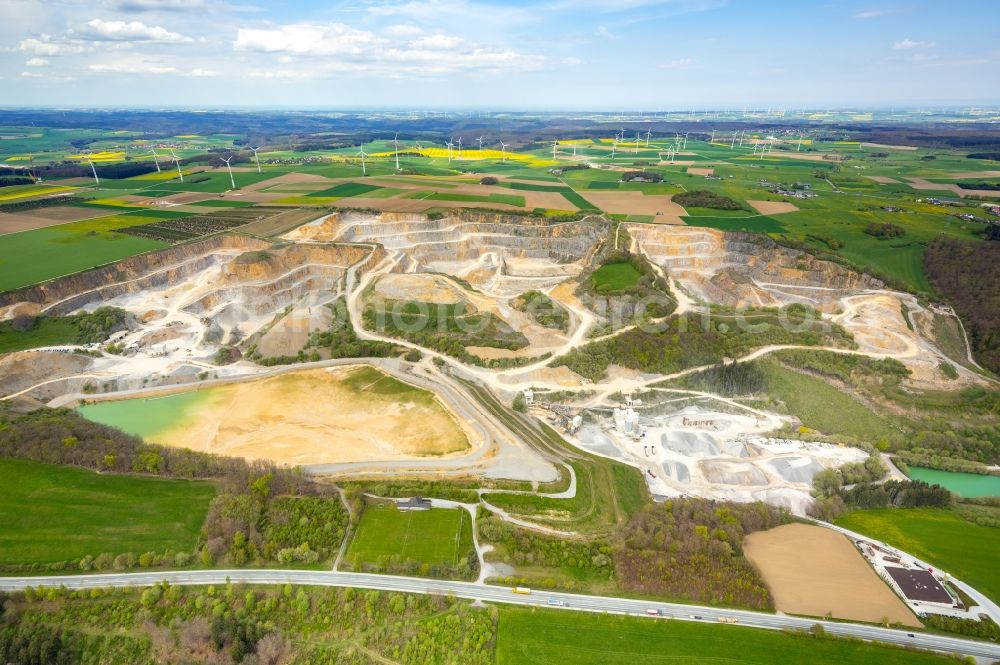 Brilon from the bird's eye view: Quarry for the mining and handling of of Rheinkalk Messinghausen GmbH & Co. KG in Brilon in the state North Rhine-Westphalia, Germany