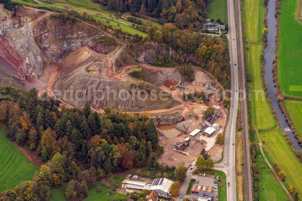 Hausach from above - Quarry for the mining and handling of sandstone in Hausach in the state Baden-Wurttemberg, Germany