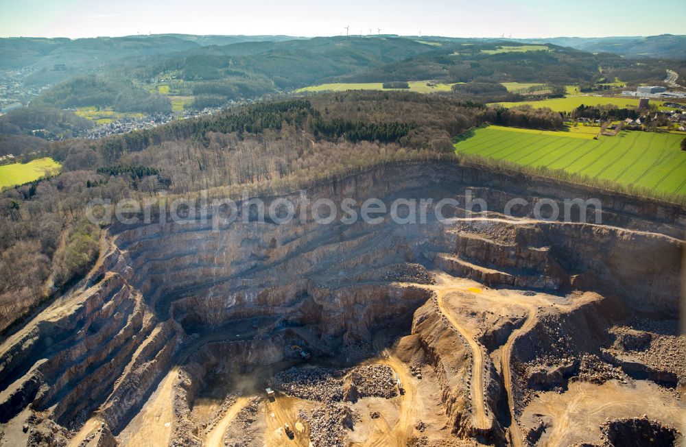 Aerial image Hagen - Quarry for the mining and handling of sandstone in the district Herbeck in Hagen in the state North Rhine-Westphalia, Germany