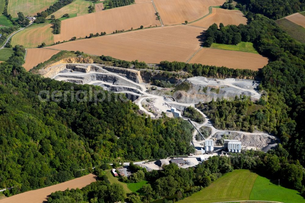 Aerial photograph Schöntal - Quarry for the mining and handling of gravel, shell limestone, granite in Schoental in the state Baden-Wurttemberg, Germany