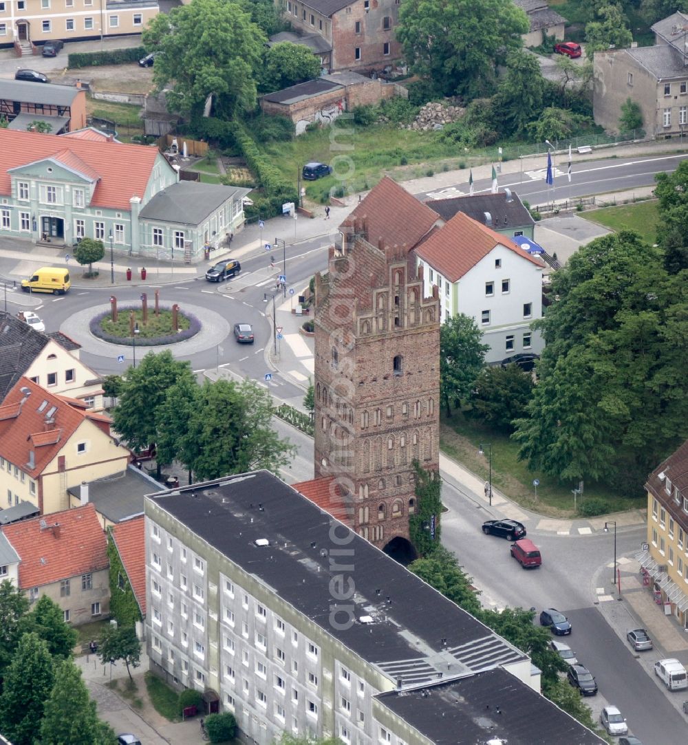 Anklam from above - Tower gate in Anklam in the state Mecklenburg - Western Pomerania, Germany