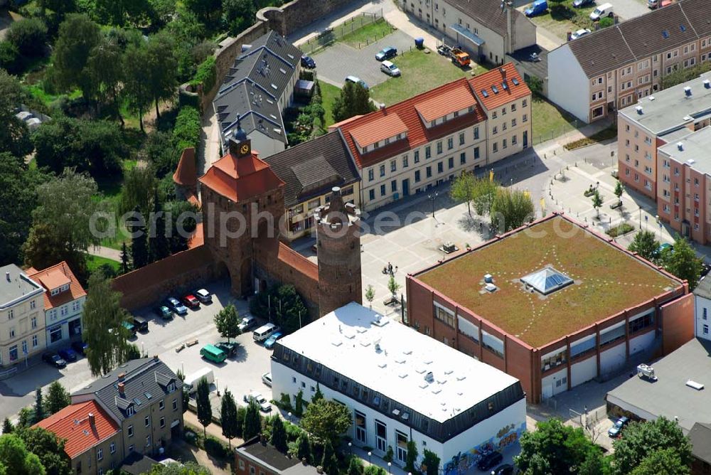 Aerial photograph Bernau - Blick auf das Steintor und den Firmensitz der Wohnungs- und Baugesellschaft mbH Bernau in der Berliner Str. 2 · 16321 Bernau ; Telefon: (03338) 39 34-0