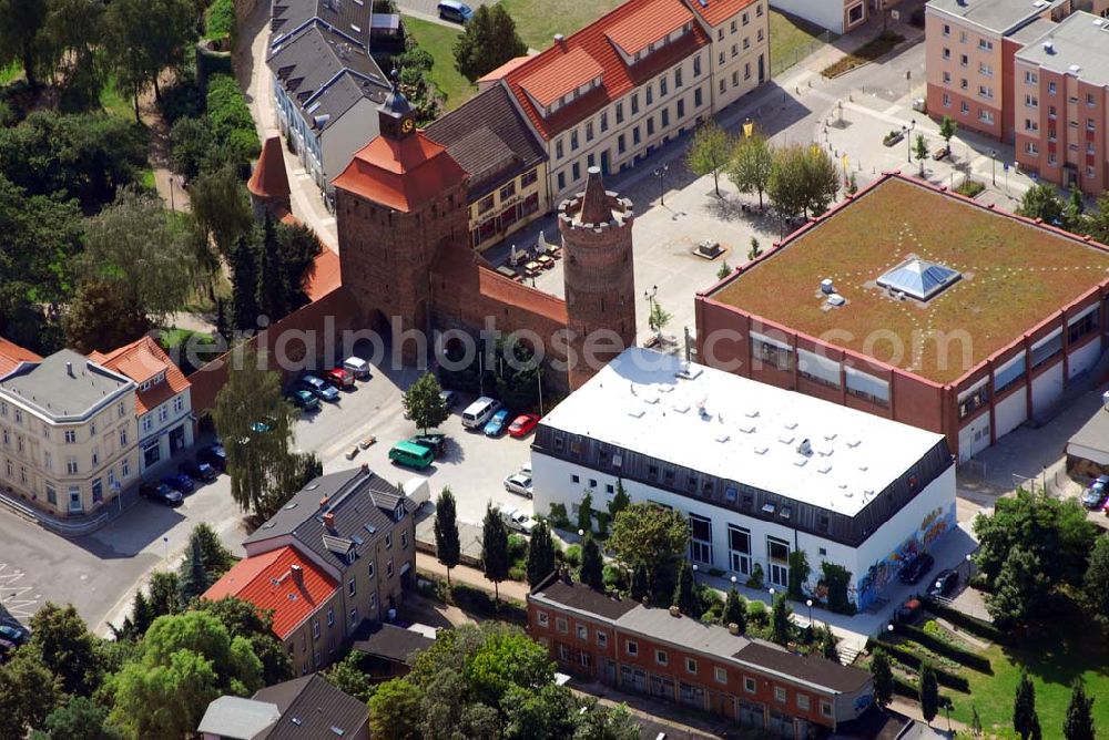 Bernau from above - Blick auf das Steintor und den Firmensitz der Wohnungs- und Baugesellschaft mbH Bernau in der Berliner Str. 2 · 16321 Bernau ; Telefon: (03338) 39 34-0