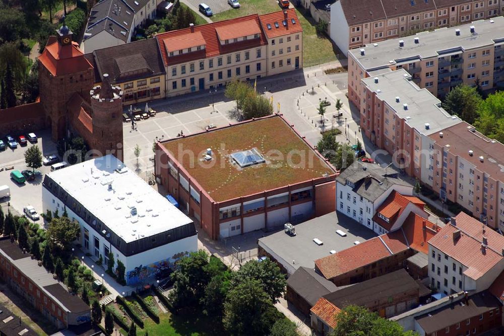 Aerial image Bernau - Blick auf das Steintor und den Firmensitz der Wohnungs- und Baugesellschaft mbH Bernau in der Berliner Str. 2 · 16321 Bernau ; Telefon: (03338) 39 34-0