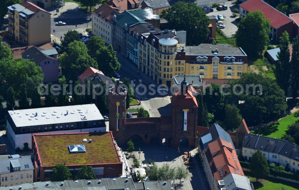 Aerial image Bernau - Stone gate with the hunger tower at the former city wall of Bernau in Brandenburg