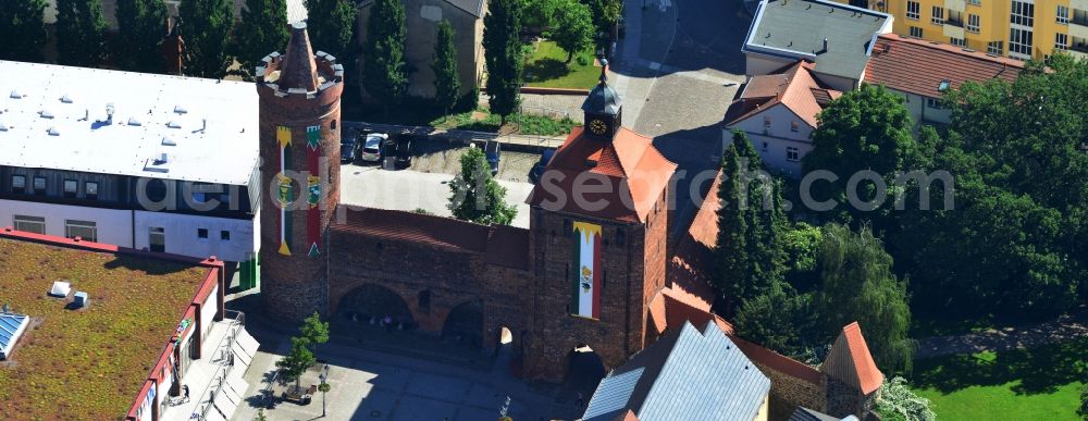 Bernau from above - Stone gate with the hunger tower at the former city wall of Bernau in Brandenburg