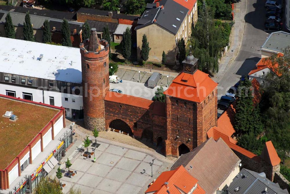 Aerial photograph Bernau - Blick auf das Steintor, die Stadthalle und den Firmensitz der Wohnungs- und Baugesellschaft mbH Bernau in der Berliner Str. 2 · 16321 Bernau · Telefon: (03338) 39 34-0