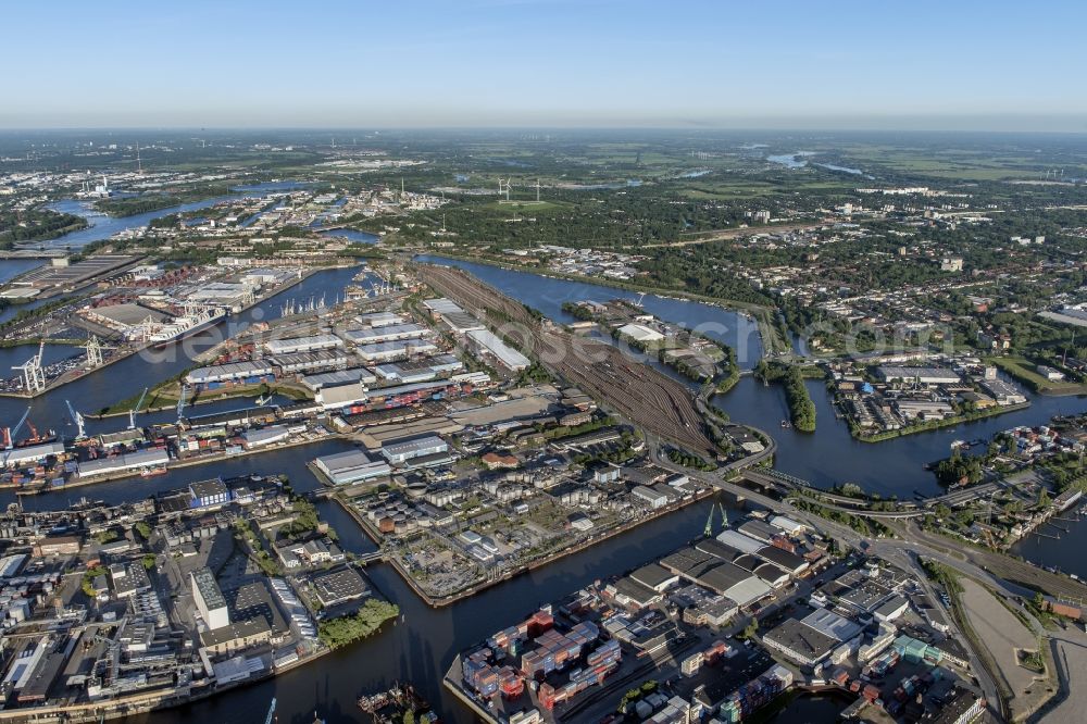 Hamburg from above - Interlocking Port Station Hamburg-South with junction Argentinienknoten in Hamburg-Mitte / Kleiner Grasbrook. A project of the Hamburg Port Authority HPA