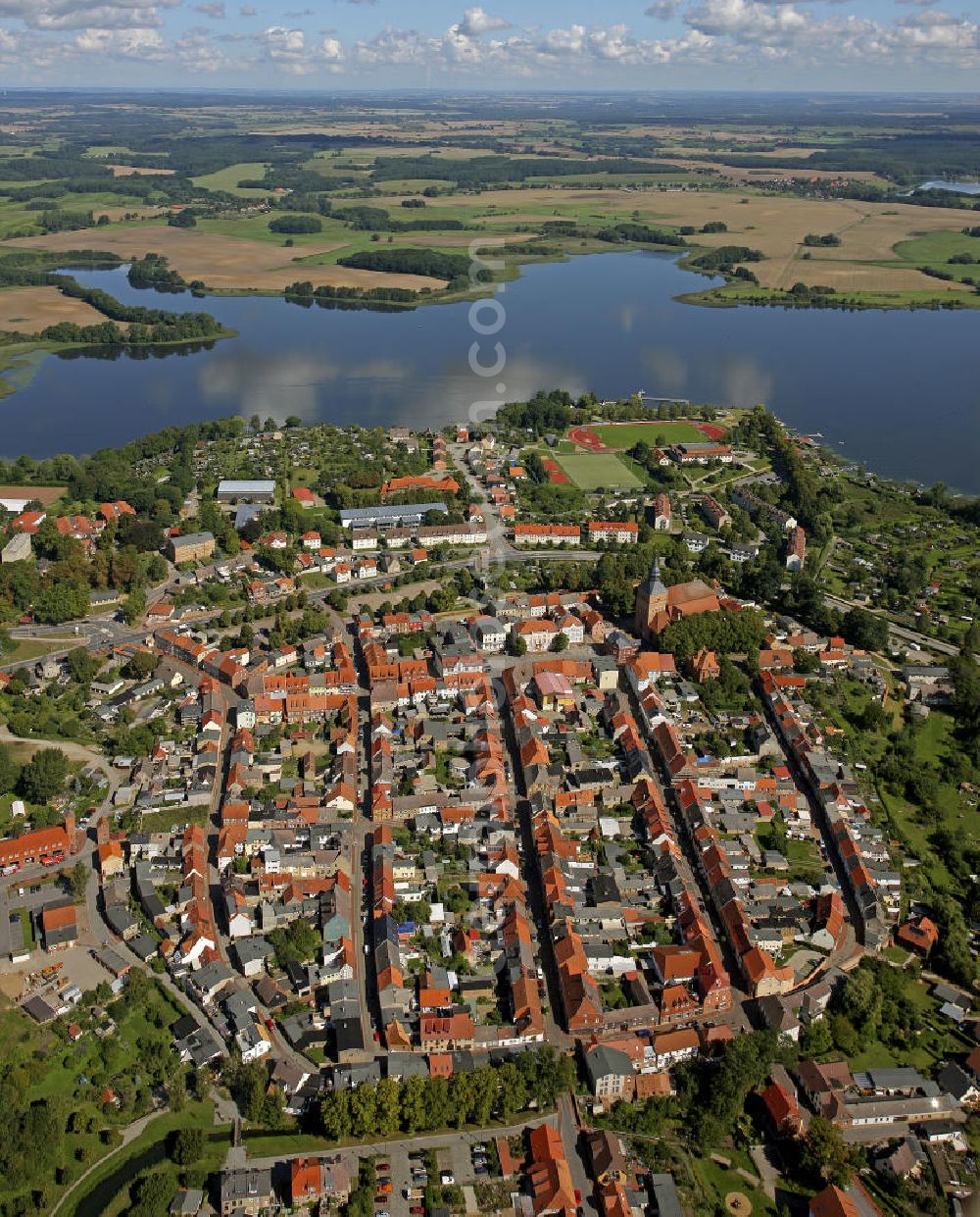 Sternberg from above - Blick auf den Stadtkern von Sternberg in Mecklenburg-Vorpommern. Im Hintergrund die Stadtkirche St. Maria und St. Nikolaus. View of the city center of Sternberg in Mecklenburg-Western Pomerania. In the background the city church of St. Mary and St. Nicholas.