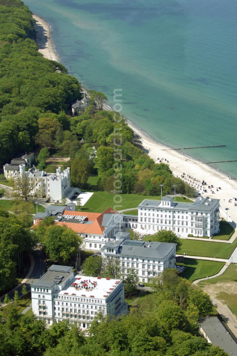 Bad Doberan - Heiligendamm from the bird's eye view: Blick auf das Kempinski Grand Hotel Heiligendamm. Mit dem Severin Palais, Haus Grand Hotel, Haus Mecklenburg, das Kurhaus und der Burg Hohenzollern (von vorn nach hinten). Kontakt: Prof.-Dr.-Vogel-Straße 16-18, 18209 Bad Doberan - Heiligendamm, Tel. +49 (0) 38203 740-0, Fax: +49 (0) 38203 740-7474, E-mail: reservations.heiligendamm@kempinski.com