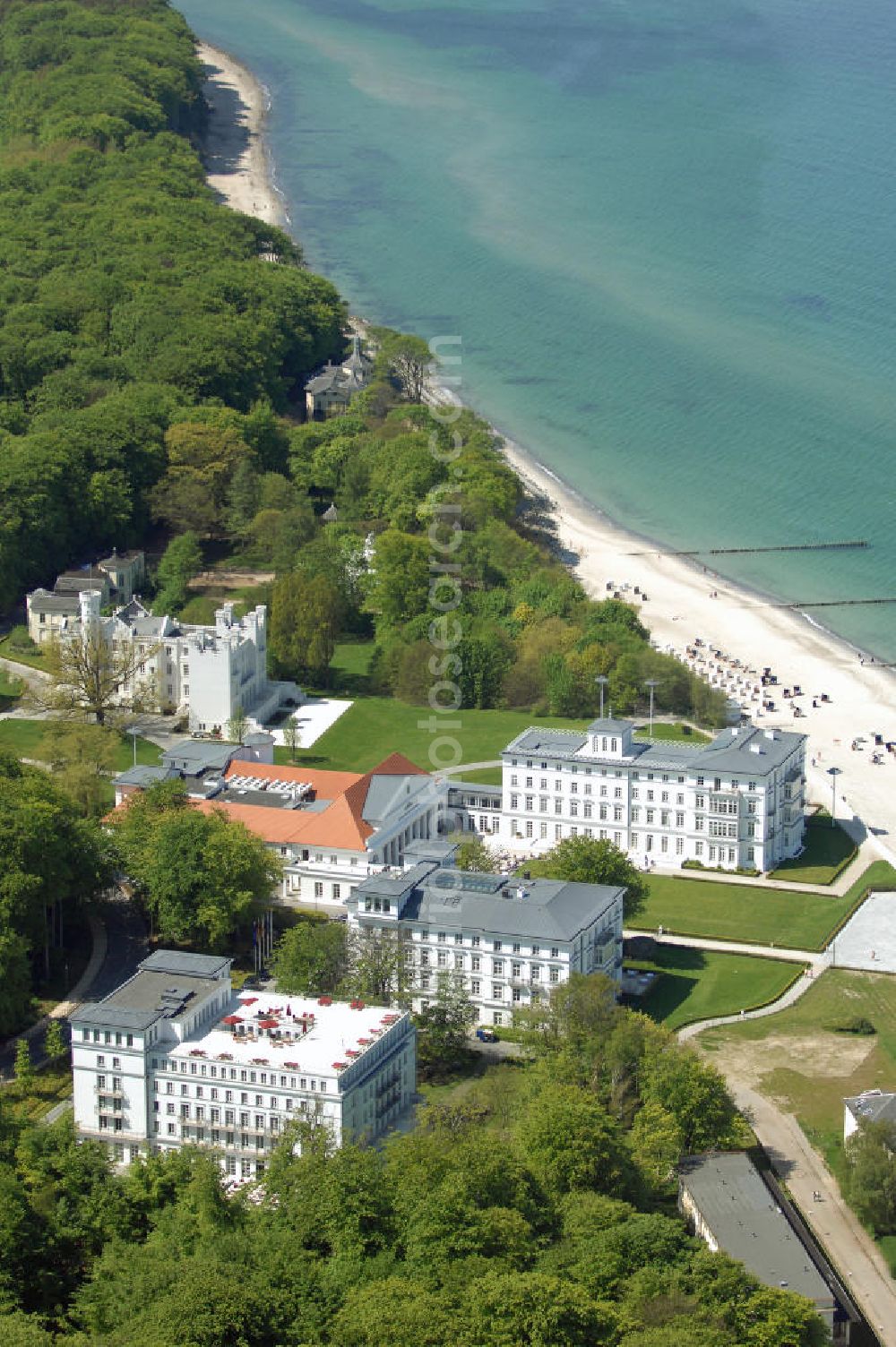 Aerial image Bad Doberan - Heiligendamm - Blick auf das Kempinski Grand Hotel Heiligendamm. Mit dem Severin Palais, Haus Grand Hotel, Haus Mecklenburg, das Kurhaus und der Burg Hohenzollern (von vorn nach hinten). Kontakt: Prof.-Dr.-Vogel-Straße 16-18, 18209 Bad Doberan - Heiligendamm, Tel. +49 (0) 38203 740-0, Fax: +49 (0) 38203 740-7474, E-mail: reservations.heiligendamm@kempinski.com