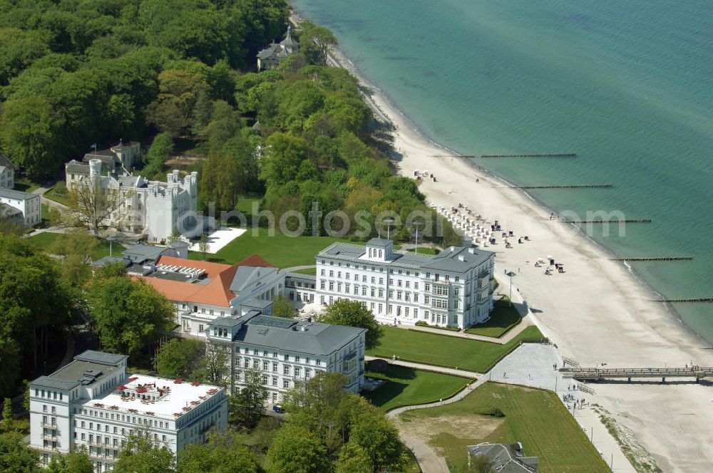 Aerial photograph Bad Doberan - Heiligendamm - Blick auf das Kempinski Grand Hotel Heiligendamm. Mit dem Severin Palais, Haus Grand Hotel, Haus Mecklenburg, das Kurhaus und der Burg Hohenzollern (von vorn nach hinten). Kontakt: Prof.-Dr.-Vogel-Straße 16-18, 18209 Bad Doberan - Heiligendamm, Tel. +49 (0) 38203 740-0, Fax: +49 (0) 38203 740-7474, E-mail: reservations.heiligendamm@kempinski.com