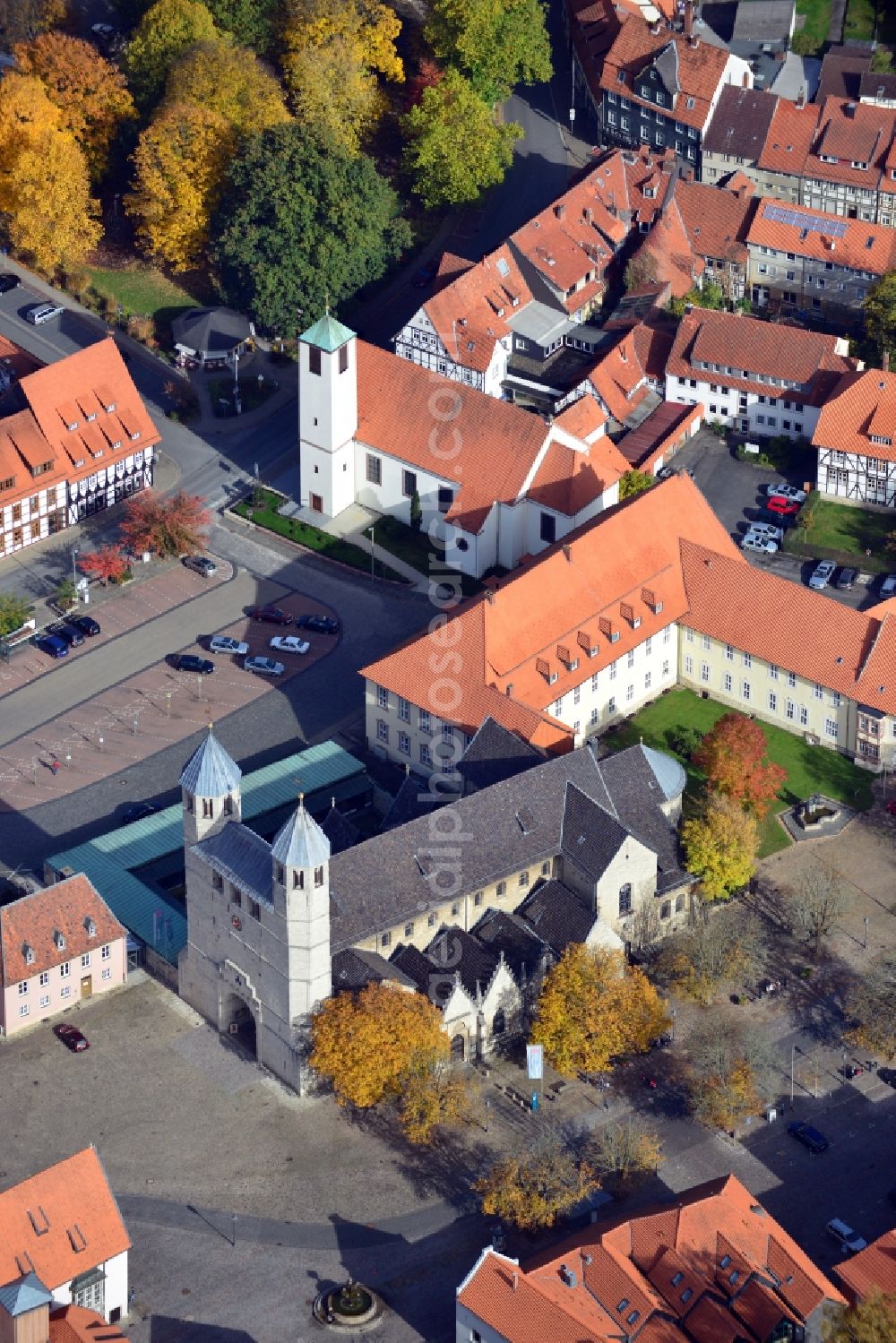 Aerial image Bad Gandersheim - View of the abbey church in Bad Gan dersheim in the state Niedersachsen. The church belongs to the Gan dersheim Abbey. The abbey church is a cruciate basilica with a westwork, which consists of two towers