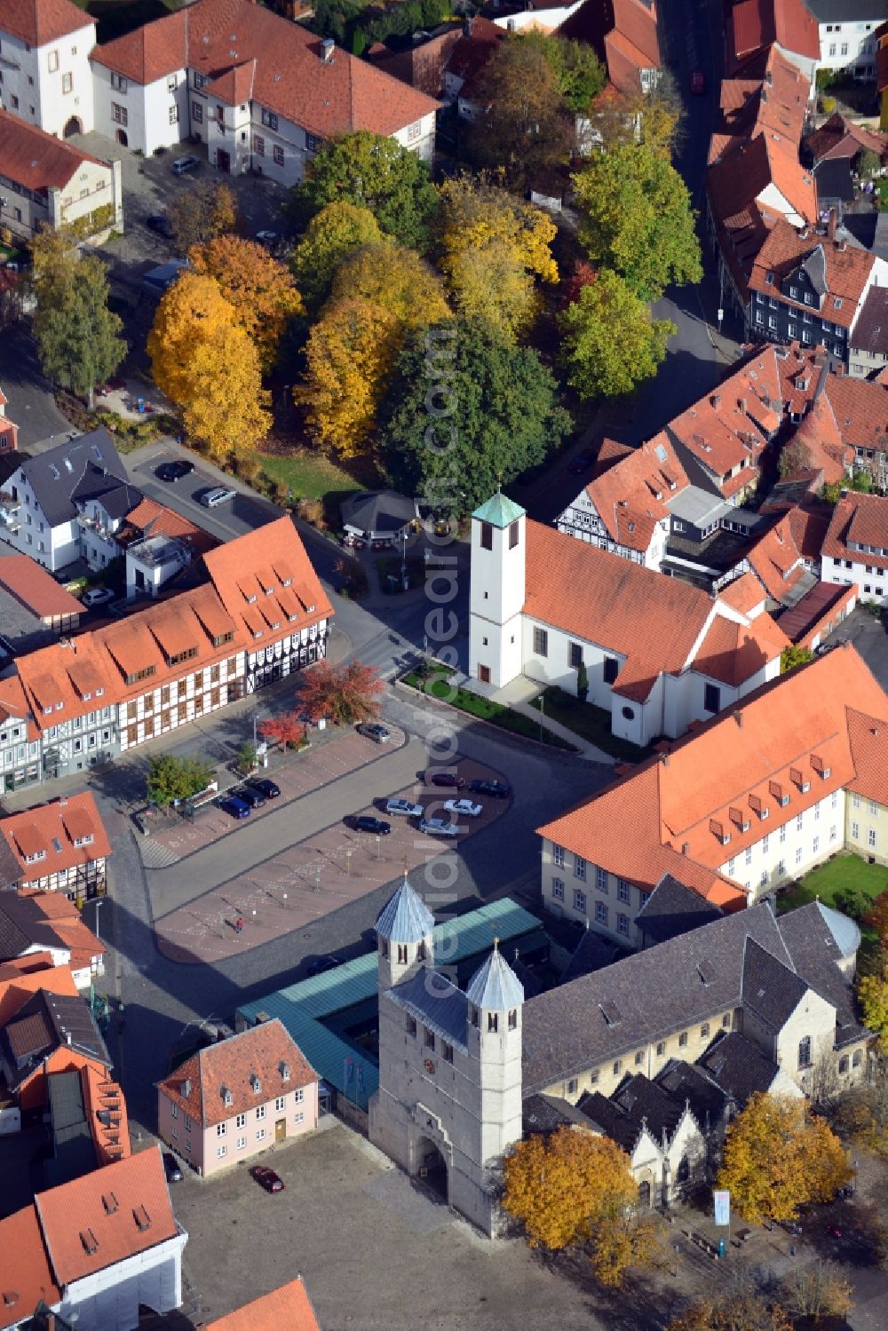 Aerial image Bad Gandersheim - View of the abbey church in Bad Gan dersheim in the state Niedersachsen. The church belongs to the Gan dersheim Abbey. The abbey church is a cruciate basilica with a westwork, which consists of two towers