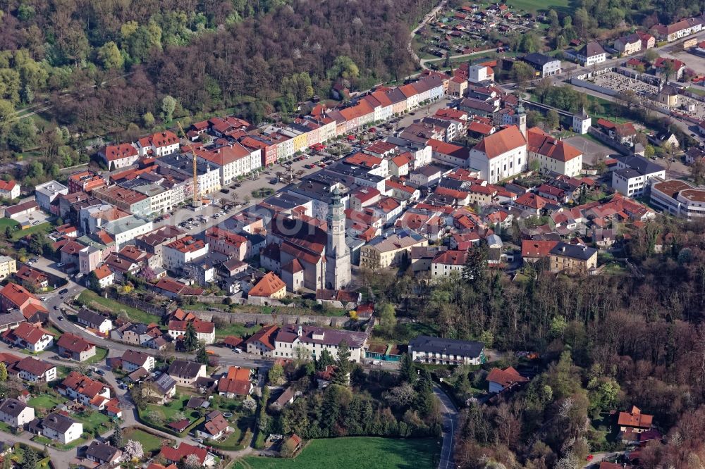 Aerial image Tittmoning - Church St. Laurentius and old town of Tittmoning on the Salzach in the state of Bavaria