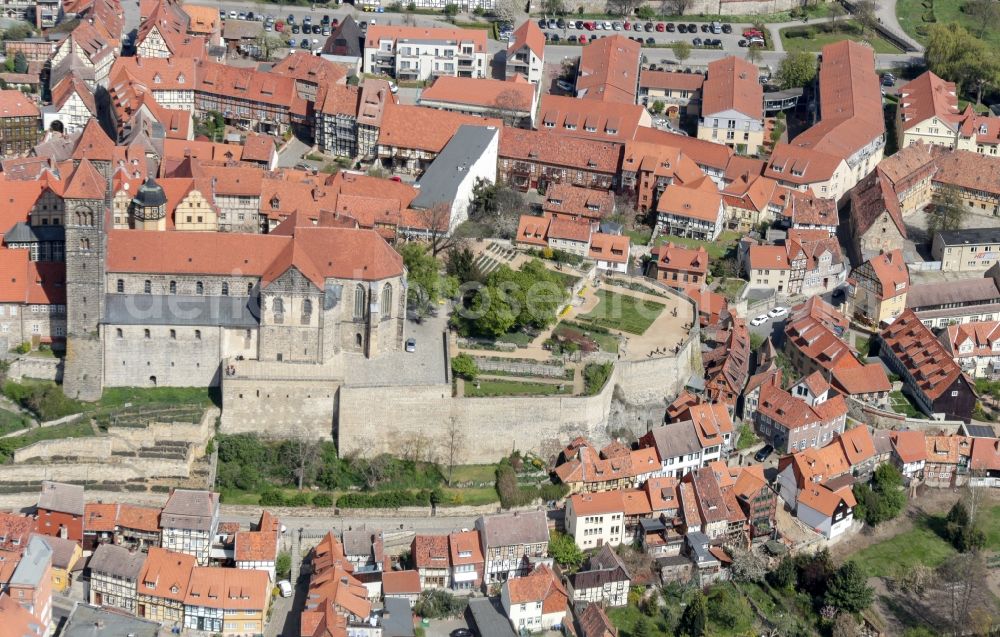 Quedlinburg from above - Collegiate Church St. Servatius and Castle Quedlinburg in Saxony-Anhalt. The place with its 1300 half-timbered houses as well as the castle with the historic church are part of the UNESCO world cultural heritage