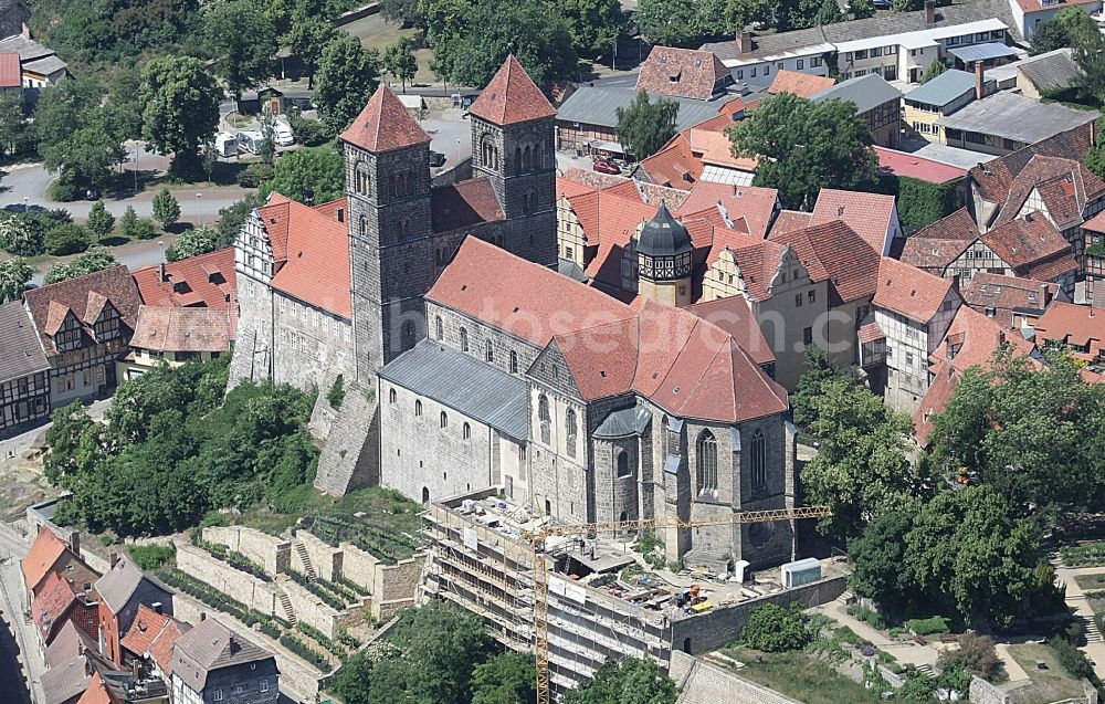 Quedlinburg from above - Collegiate Church St. Servatius and Castle Quedlinburg in Saxony-Anhalt. The place with half-timbered houses as well as the castle with the historic church are part of the UNESCO world cultural heritage