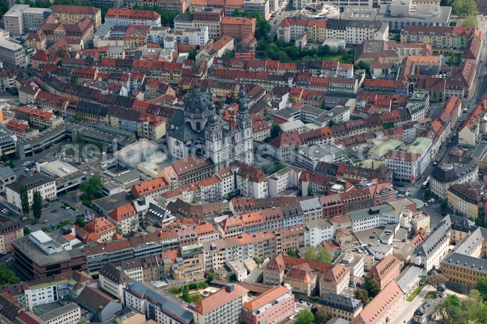 Aerial image Würzburg - Stiftskirche of collegiate Haug on Bahnhofstrasse in Wuerzburg in Bavaria