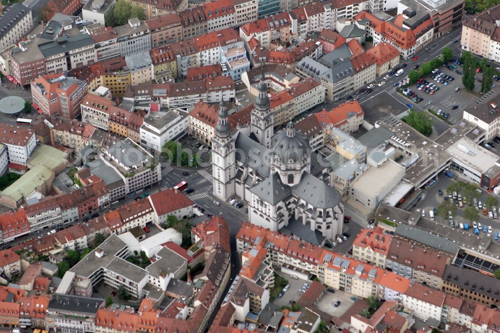 Aerial photograph Würzburg - Stiftskirche of collegiate Haug on Bahnhofstrasse in Wuerzburg in Bavaria