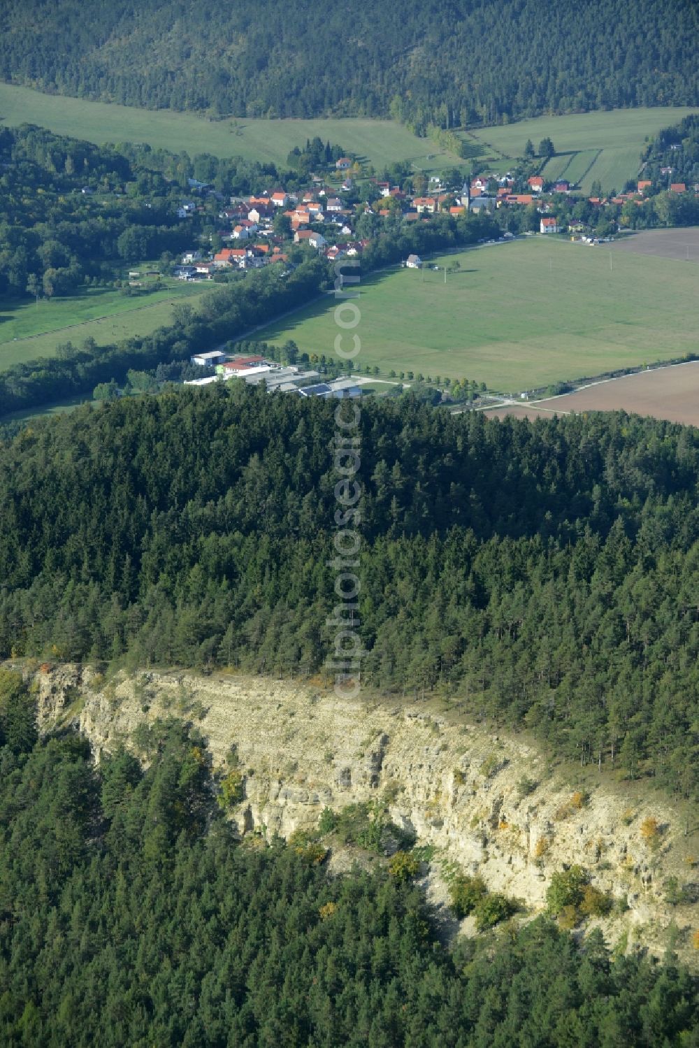 Wipfratal from the bird's eye view: Unused renatured quarry Ziegenried in Wipfratal in the state Thuringia