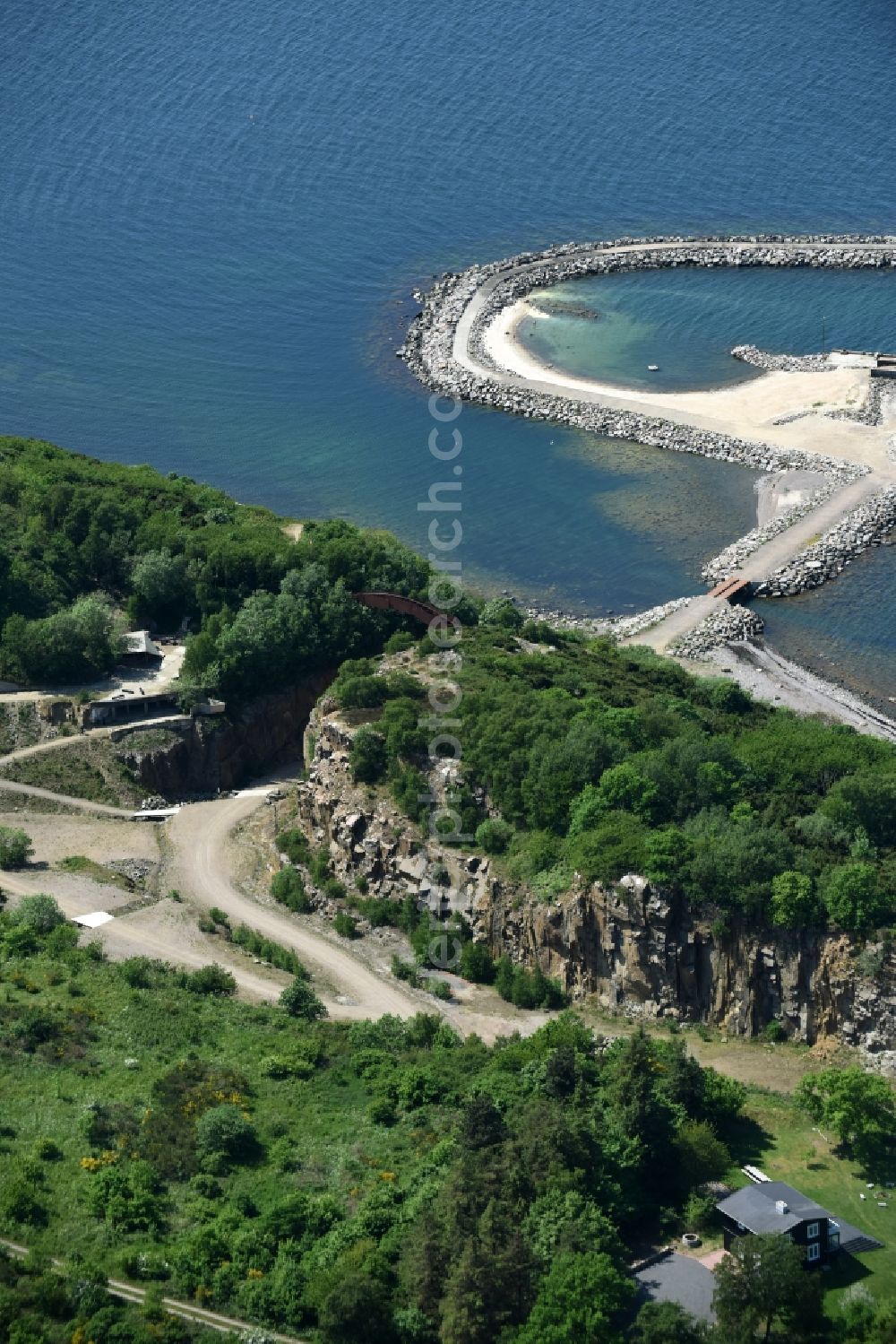 Hasle from the bird's eye view: Unused renatured quarry Baltic Sea Bornholm Island in Hasle in Region Hovedstaden, Denmark