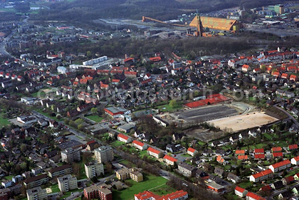 Bergkamen from above - City view at the disused coal mine pit Monopol Grimberg1/2 in Bergkamen in the federal state of North Rhine-Westphalia. On the site today are several recycling companies located. The pit 2 is monument protected