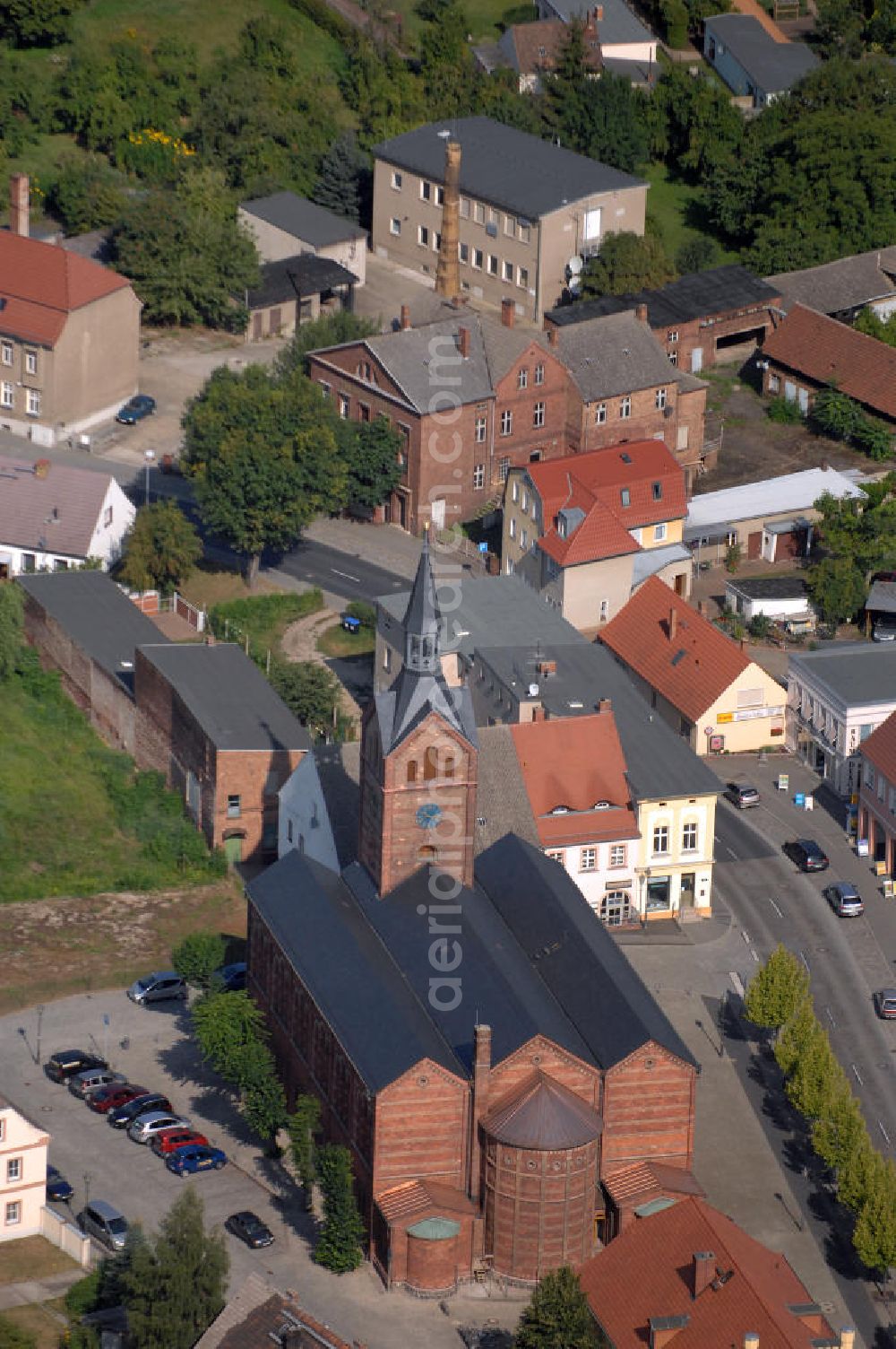 Aerial image Peitz - Blick auf die evangelische Stülerkirche in Peitz. Die Kirche wurde zwischen 1854 und 1859 errichtet.