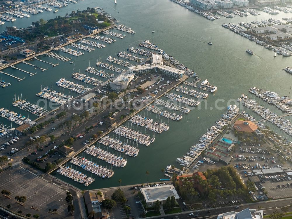 Marina del Rey from the bird's eye view: Marina with a hotel building in Marina del Rey in California, USA. The Marina is the world's largest man-made small craft harbor. View of the Eastern part with Marina del Rey Hotel