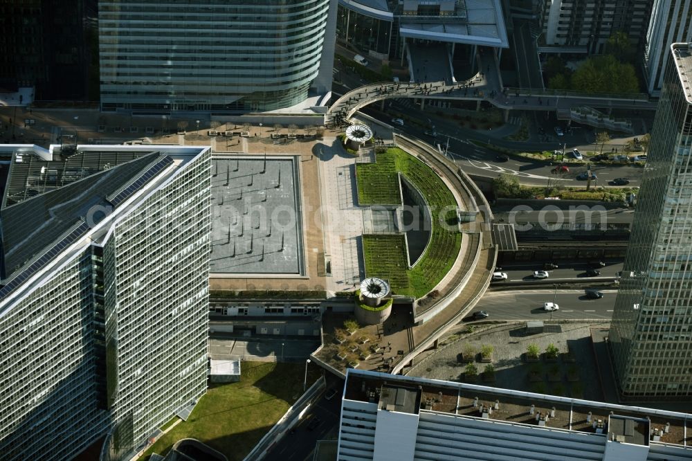 Paris from above - Eastern end of Place de lAigle in the highrise and business quarter La Defense in Paris in Ile-de-France, France. It is also the location of the entry of the tunnel which takes its course under the highrise buildings