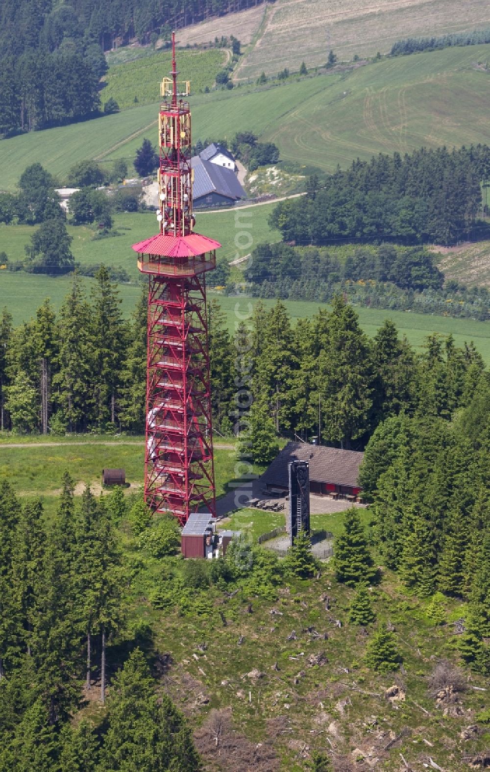 Bestwig from the bird's eye view: Stüppelturm on the Stüppelberg in community Bestwig in the Sauerland region of North Rhine-Westphalia. Der Turm gehört zum Fun Fort Abenteuerland