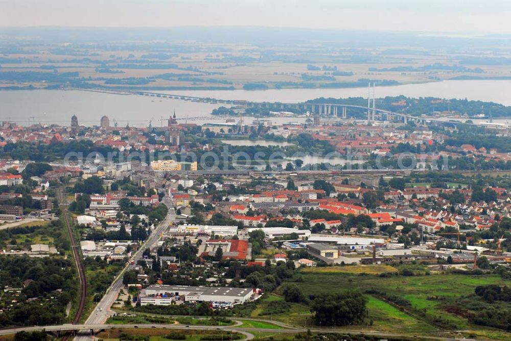 Stralsund from the bird's eye view: Stralsund 13.8.06 Blick auf Stralsund von Süd nach Nord mit der Strelasund Brücke im Hintergrund. Strelasundquerung wird die heute als feste Verbindung der Insel Rügen zum vorpommerschen Festland bestehende Querung des Strelasundes auf Höhe der Ortschaften Altefähr auf Rügen und der Hanse- und Weltkulturerbestadt Stralsund genannt. http://