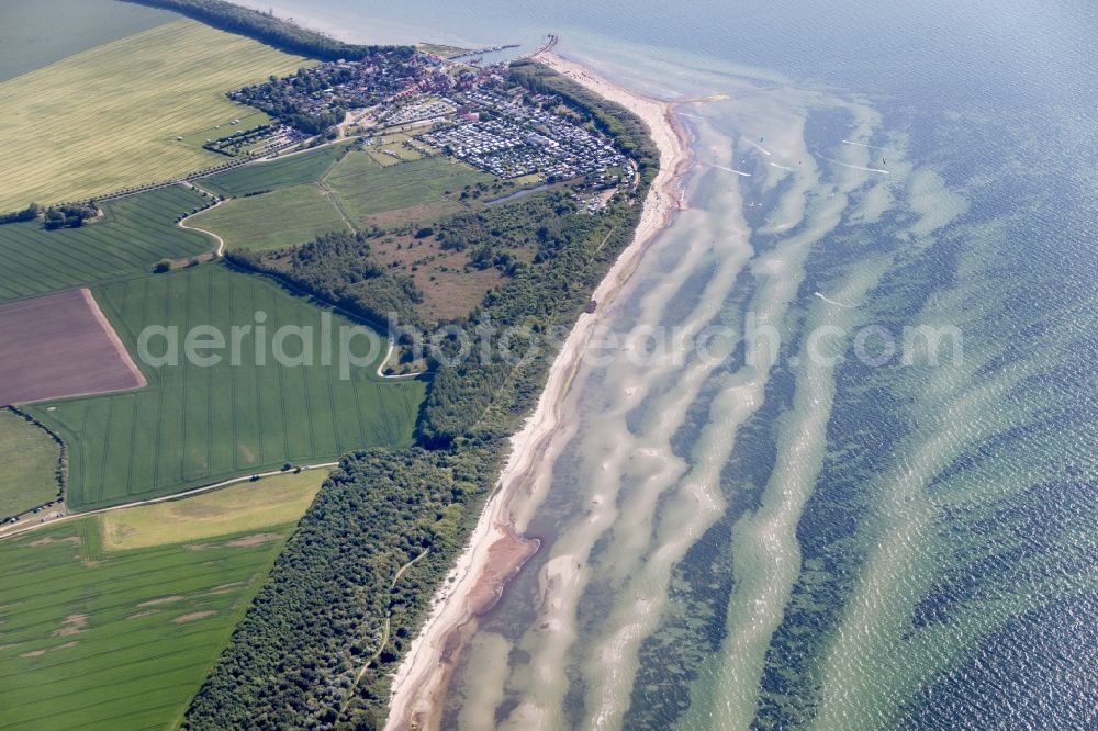 Kirchdorf from above - Beach and blue-green algae in the water of the Baltic Sea off the island of Poel in Mecklenburg - Western Pomerania