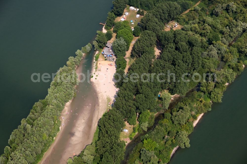 Aerial photograph Wiesbaden - Beach at the campsite on the riverside of the Rhine Rettbergsaue in Wiesbaden in Hesse