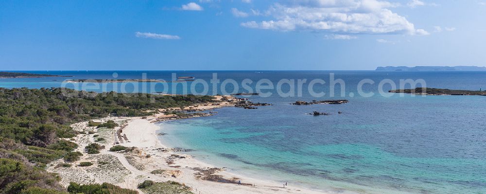 Colonia Sant Jordi from the bird's eye view: Beach of Colonia Sant Jordi on the Mediterranean coast of the Spanish Balearic island of Mallorca in Spain