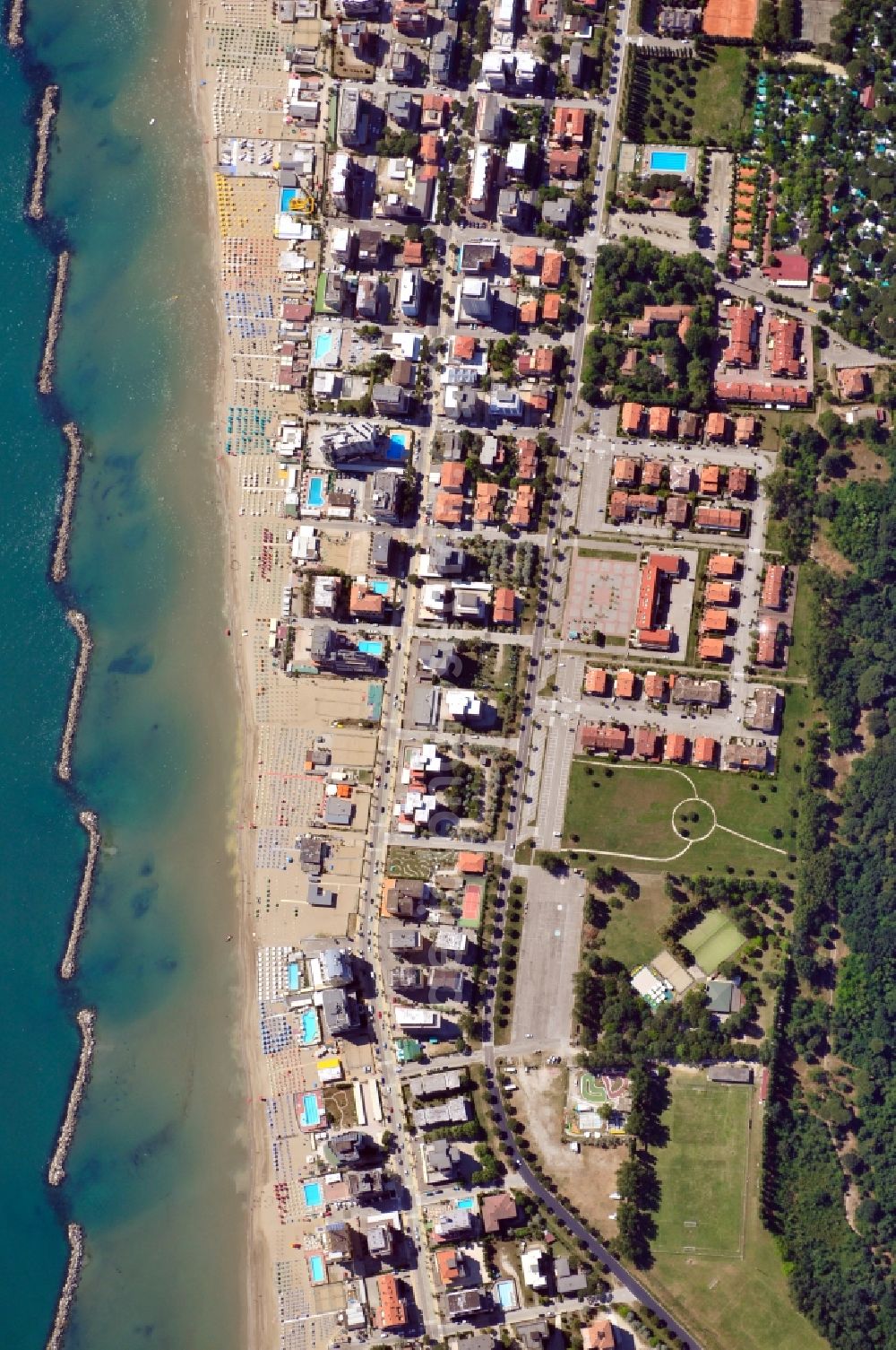 Lido di Savio from the bird's eye view: View of the beach in Lido di Savio in the province Ravenna in Italy